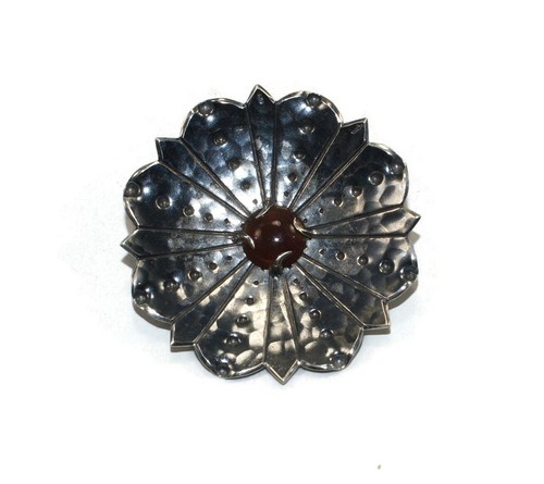 Artisan Made Vintage Sterling Silver and Amber Resin Flower Brooch.