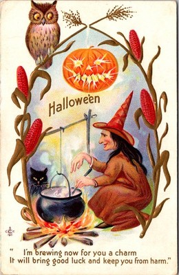 Embossed Halloween Postcard Witch Brewing at Cauldron for a Charm, Owl & Cat