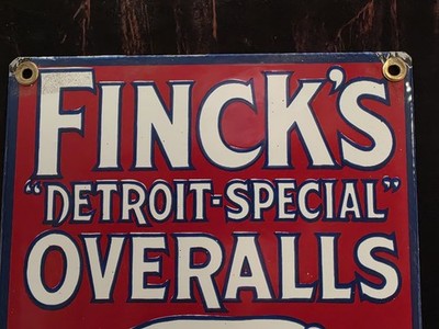 VINTAGE FINCK'S DETROIT-SPECIAL OVERALLS PORCELAIN SIGN ABOUT 9