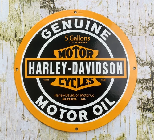 VINTAGE 12" GENUINE HARLEY-DAVIDSON MOTORCYCLES GENUINE MOTOR OIL PORCELAIN SIGN