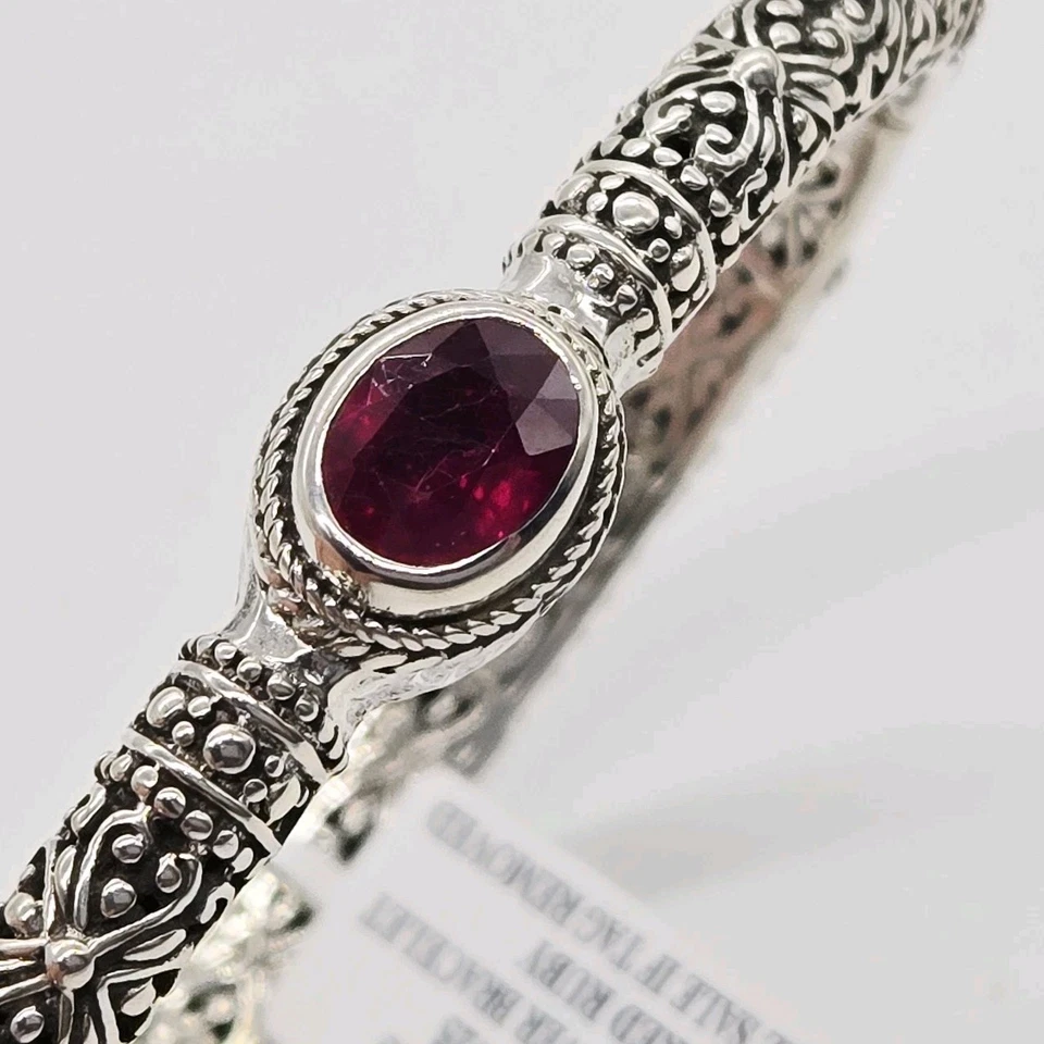 Sarda Hinged Bangle Bracelet Sterling Silver 925 Red Ruby Oval Faceted 7.25 in - Image 4 of 4
