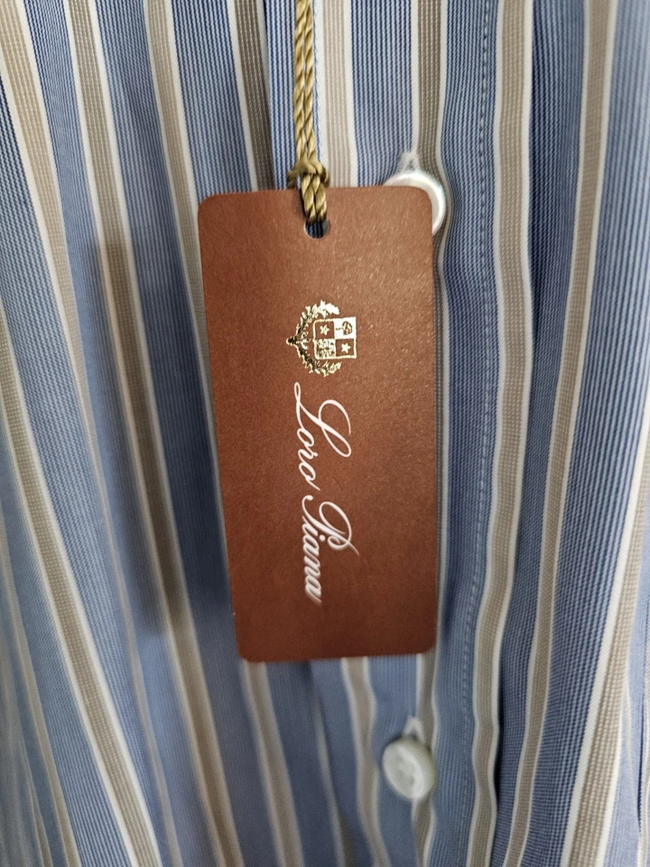 Camisa Loro Piana Azul Y Tostado Rayas Manga Larga Abotonada Hecha en Italia Foto 2 de 4