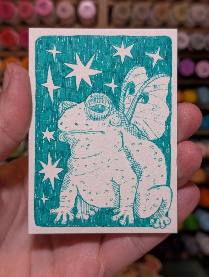 ACEO Original Art Card 2.5 x 3.5" WINGED FAIRY FROG signed by Kata Law - Bild 1 von 1