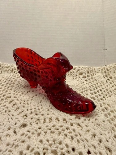 Fenton Glass Ruby Red Hobnail Cat Head Slipper Shoe Vintage