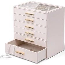 Vlando 6 Layer Jewelry Box for Women, Glass Lid Jewelry Organizer with 6 Drawers