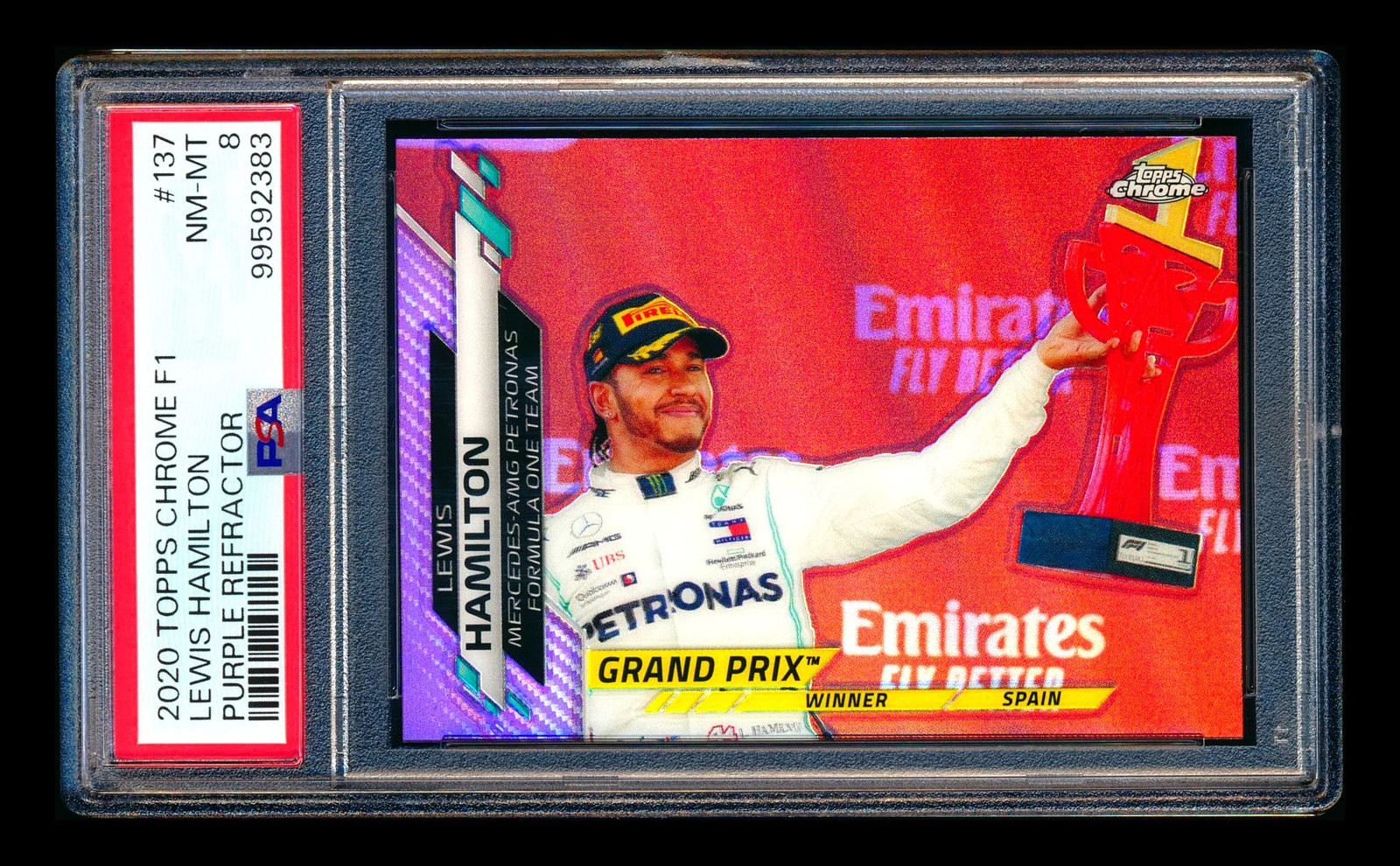 2020 Topps Chrome F1 #137 Lewis Hamilton RC Purple Refractor #076/399 PSA 8 view 1
