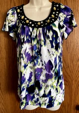 I.N. Studio Top Multi Color Embellished Design Short Sleeve Shirt Women's Size S