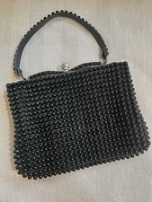 Vintage 1960s Purse Small Black Beaded Handbag Mid Century Top Handle Bag