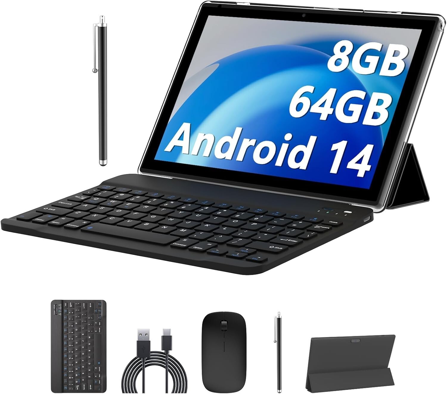 2024 Android 14 Tablets 10 Inch, 2 in 1 Tablet, Tablet with Keyboard Black.