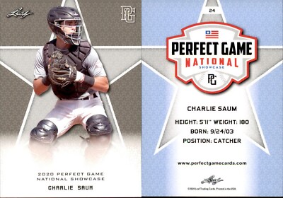 CHARLIE SAUM 2020 LEAF PERFECT GAME NATIONAL SHOWCASE ROOKIE CARD #24