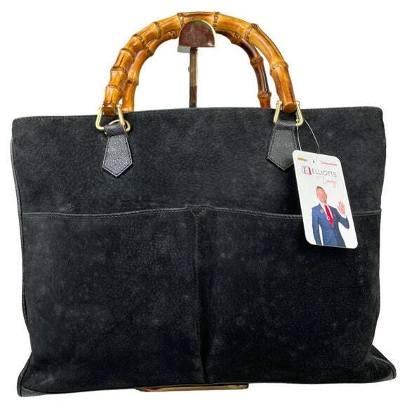 Gucci GG Diana Bamboo Black Suede Leather Dual Snap XL Pocket Top Handle Tote