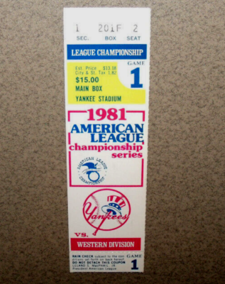 NY Yankees 1981 ALCS Game #1 Ticket Stub vs A's Nettles 3rbi