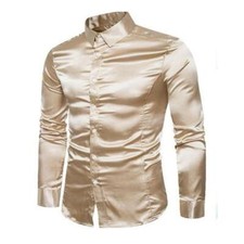 Mens Long Sleeve Faux Silk Shirts Slim Button Business Tops Dress Blouse