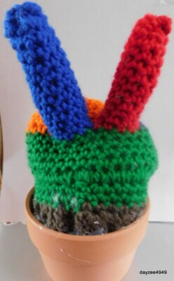 crocheted rainbow peace sign finger cactus plant in clay pot, 9 inches tall