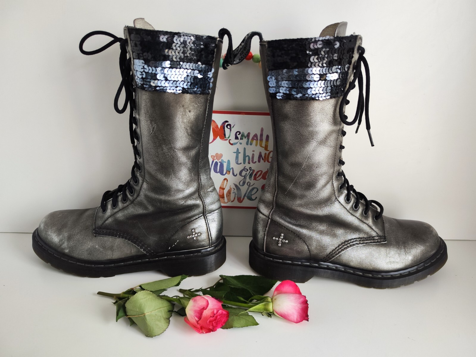 Rare Dr Doc Martens 1914 sequin Seqn 14 eye silver midcalf  boots UK6 EU39 US8 image 8