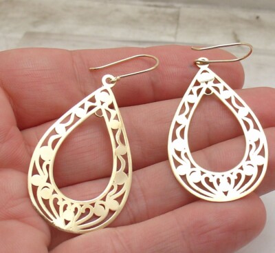 Technibond Filigree Cut Out Lace Drop Earrings 14K Yellow Gold Plated Silver
