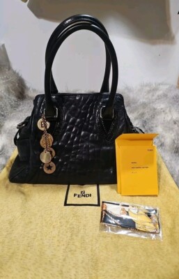 Authentic Fendi Etniko Du Jour Star Black Soft Leather Hand Satchel Bag