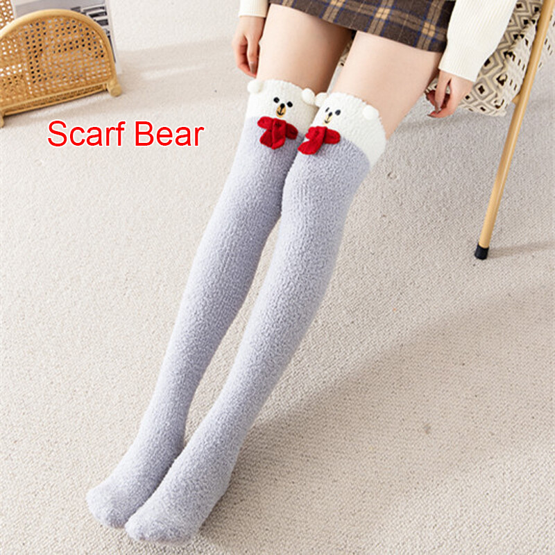 Girls Cute Animal KneeHigh Socks Coral Fluffy Fleece Warm Striped Long