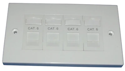 Cat6 RJ45 Quad Face Plate (4 port data socket) Fits Standard UK Double Backboxes - Image 1 of 3