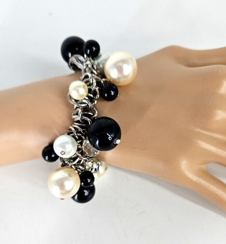 Chunky Black White Beaded Bracelet Chain Stretch Statement - Picture 3 of 5
