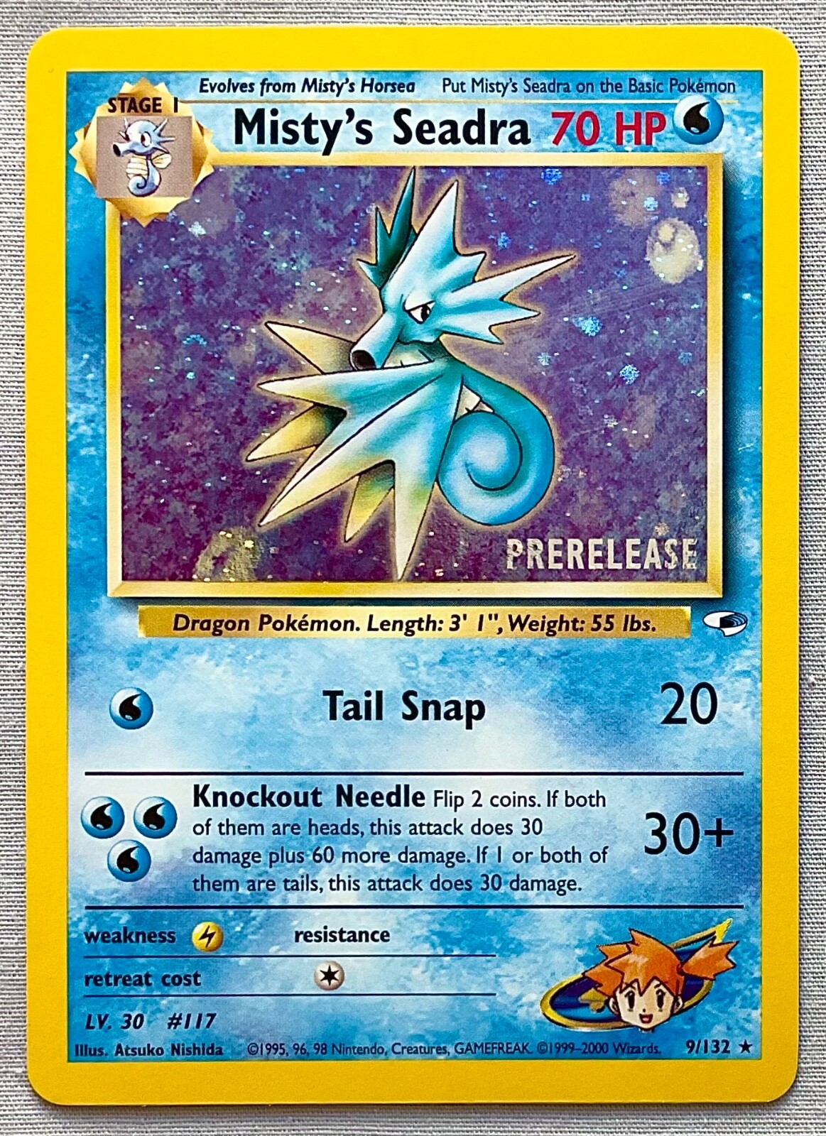 Pokémon Prerelease Misty’s Seadra #9/132 Holo Rare - Gym Heroes - LP to NM Cond.