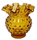 Vintage Fenton Hobnail Amber Art Glass Vase Ruffled Edge Votive Bowl Signed 4.5"