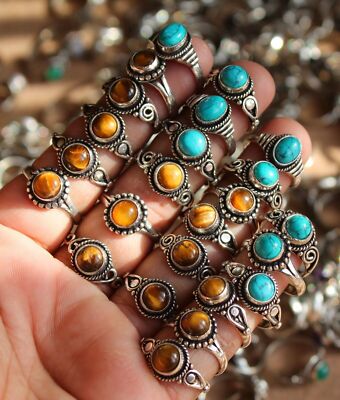 WOW Turquoise & Mix Gemstone 925 Sterling Silver Plated Unisex Handmade Rings