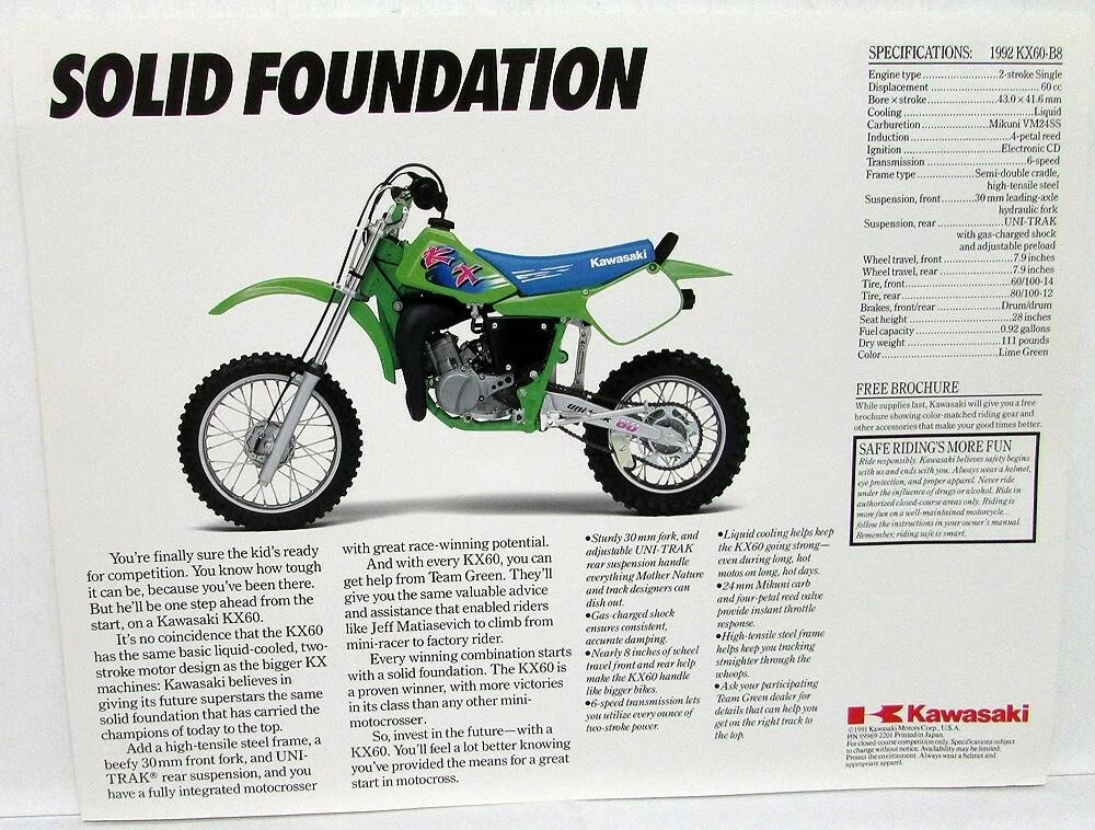 1992 Kawasaki KX 60 Motorcycle Dirt Bike Sales Brochure Data Sheet