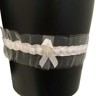 White Bridal Garter Belt One Size White bow & pearl Mesh & Ribbon wedding sexy - Image 1 of 4