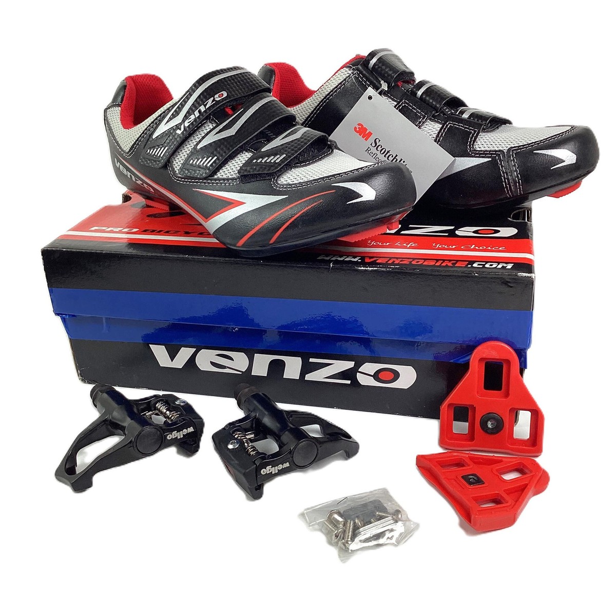 Venzo Bicycle Black Reflective Road Cycling Shoes with Clips Pedals UK  Boxed