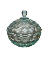 Vintage Indiana Glass Aqua Covered Candy Dish American Whitehall Cubist Pattern