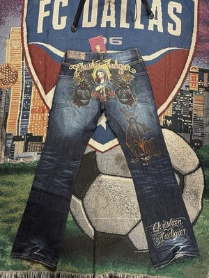 New! Christian Audigier Jeans Womens 29x34 Ed Hardy Y2k Inboxed Virgin Mary