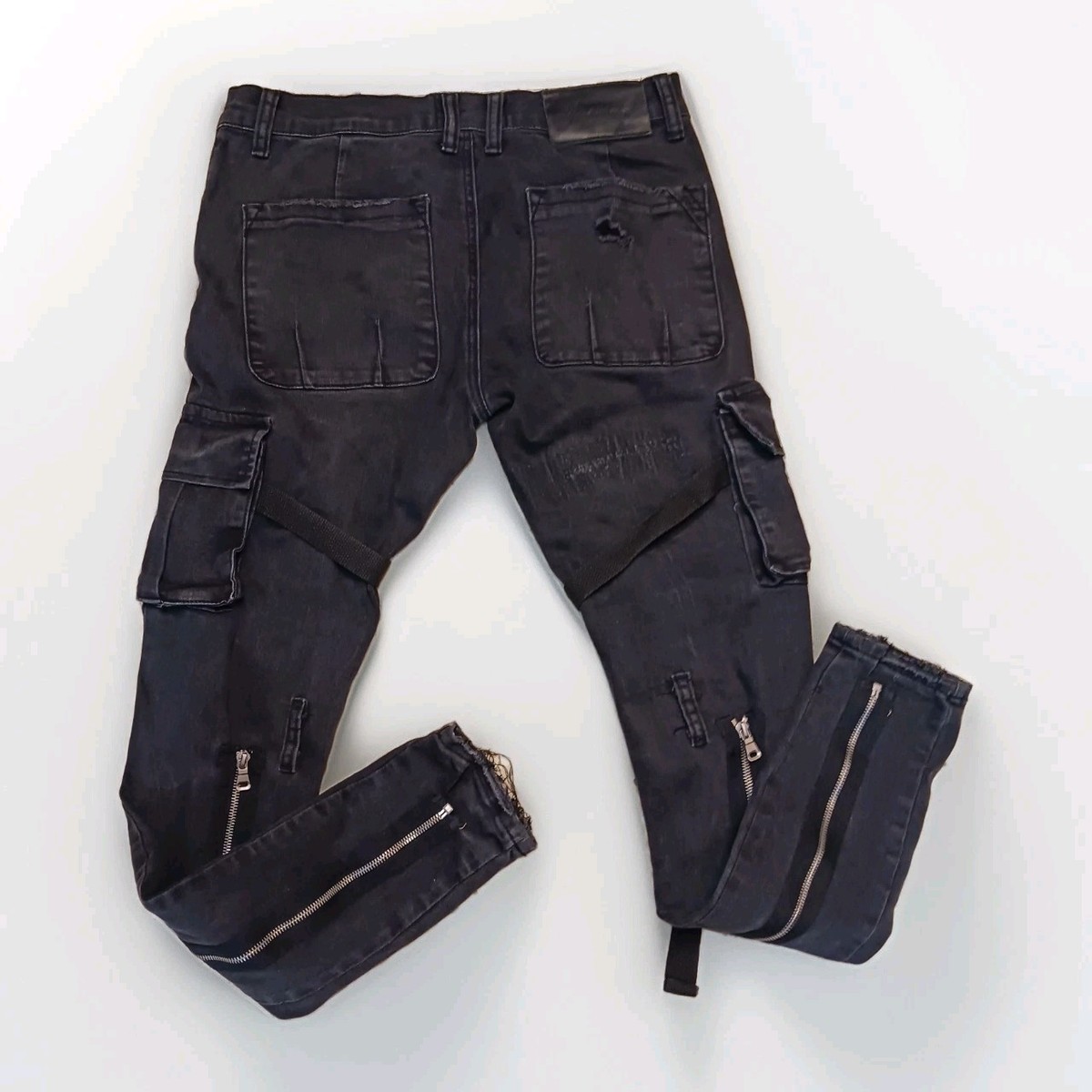 Valabasas Skinny Tactical Cargo Jeans Black Size 30 Zippers Straps