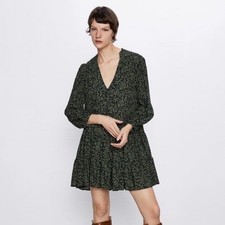 Zara Green Floral Print Mini Dress Long Sleeve V Neck Tiered Flowy S
