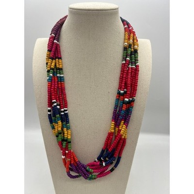 Multi Strand Wood Bead Necklace Boho Tribal Statement Colorful Wood 28''