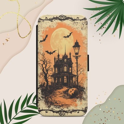 Gothic Castle Bat Pumpkin Handyhülle für iPhone Samsung Pixel Flip Wallet Cover