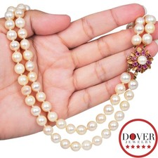 Vintage Ruby Pearl 14K Yellow Golf Floral Double Strand Necklace 66.7 GR NR