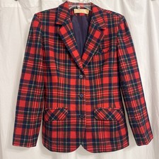 Vtg Pendleton Virgin Wool Blazer Red Royal Stewart Tartan Plaid Womens S PERFEC