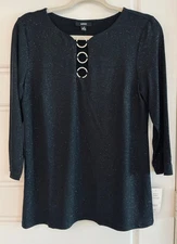 MSK Woman's Medium Black W/ 3 Ring Rhinestones 3/4 Sleeve GIitter Top NWT