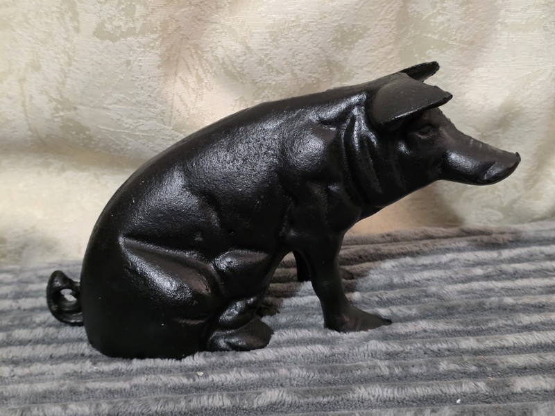 Vintage Cast Iron Black Piggy Bank  Door Stop 10in Excellent Condition