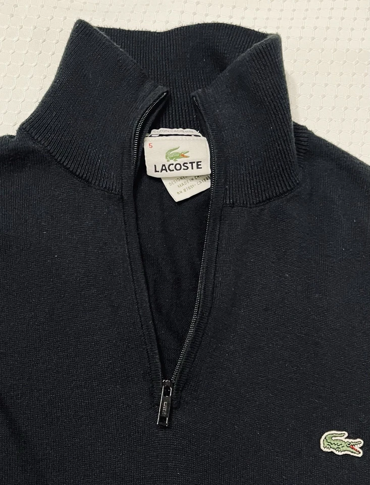 Suéter Lacoste Para Hombre Talla 5 Grande Negro 1/4 Cremallera Cuello Pullover Algodón Cachemira Foto 4 de 4