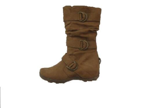 Womens 3 Big Buckle Slouchy Riding Boot Tan Camel Mid Calf Faux Suede Sz 6-10 - Picture 1 of 3