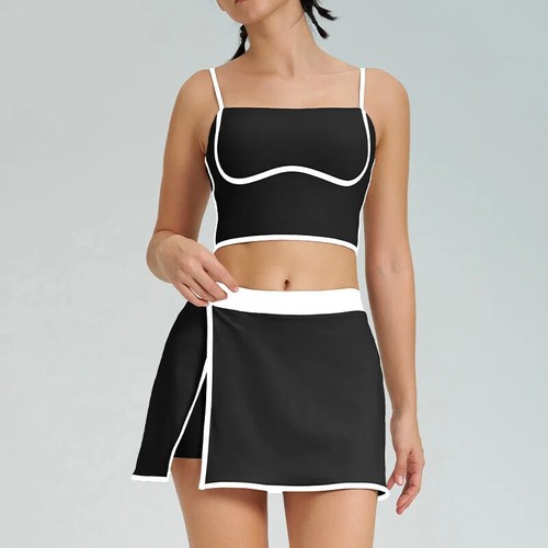 Damen Gym Yoga Set Schnelltrocknend Sport BH Tank Tops Elastisch Rock Stil 2 Teile - Bild 26 von 26