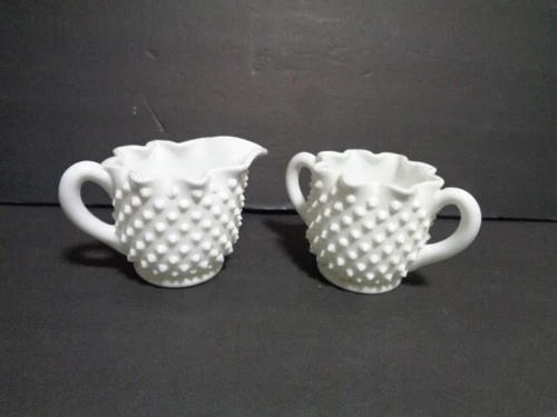 Vintage Fenton  Hobnail Star Milk Glass Creamer and Sugar Set