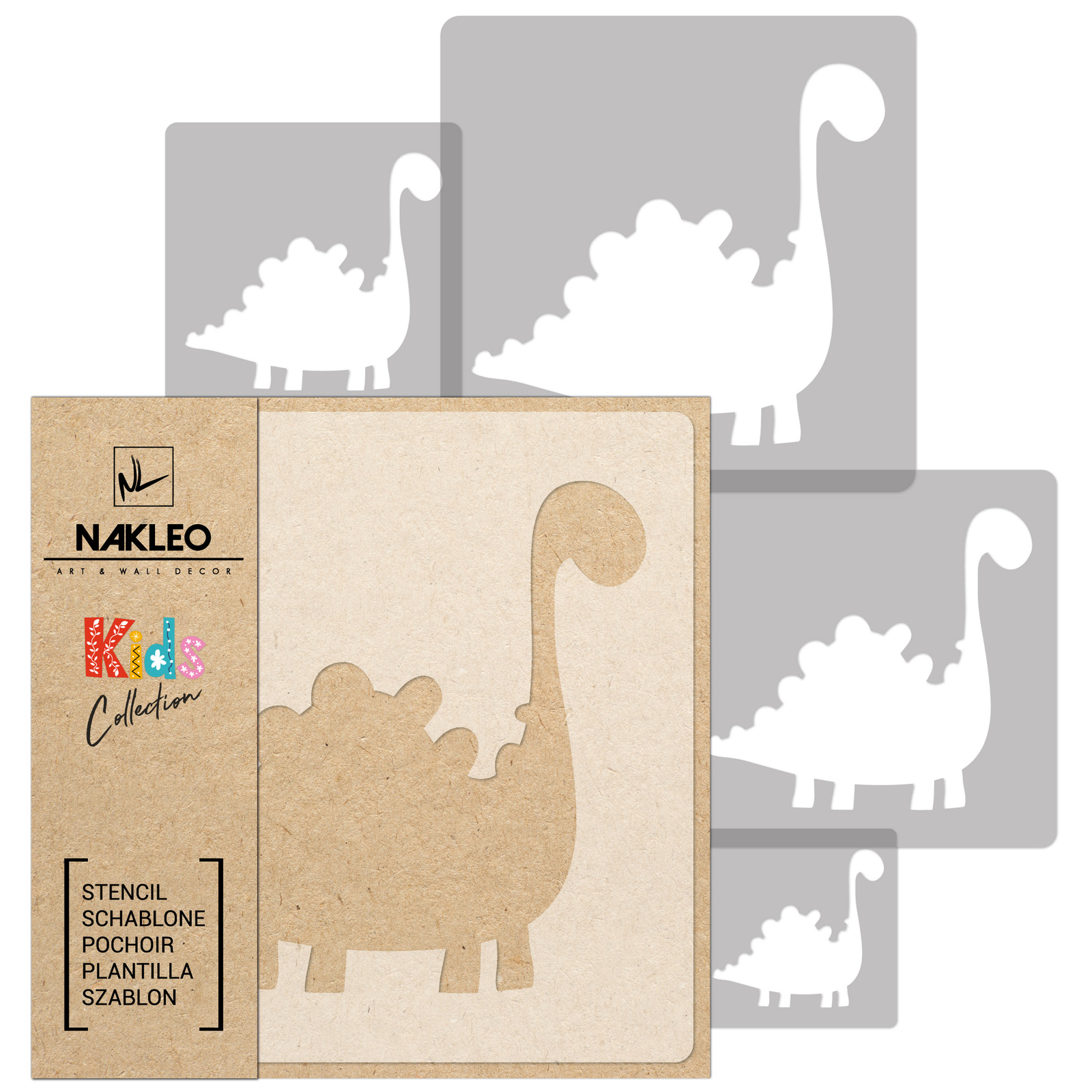5x reusable PLASTIC Stencils / 34x34cm to 9x9cm / Nursery Template // DINOSAUR