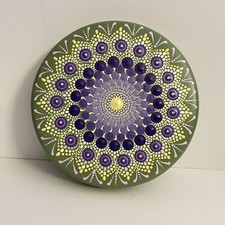 Hand painted Mandala Dot Painting Art Stone Purples And Greens 7.5  Diameter