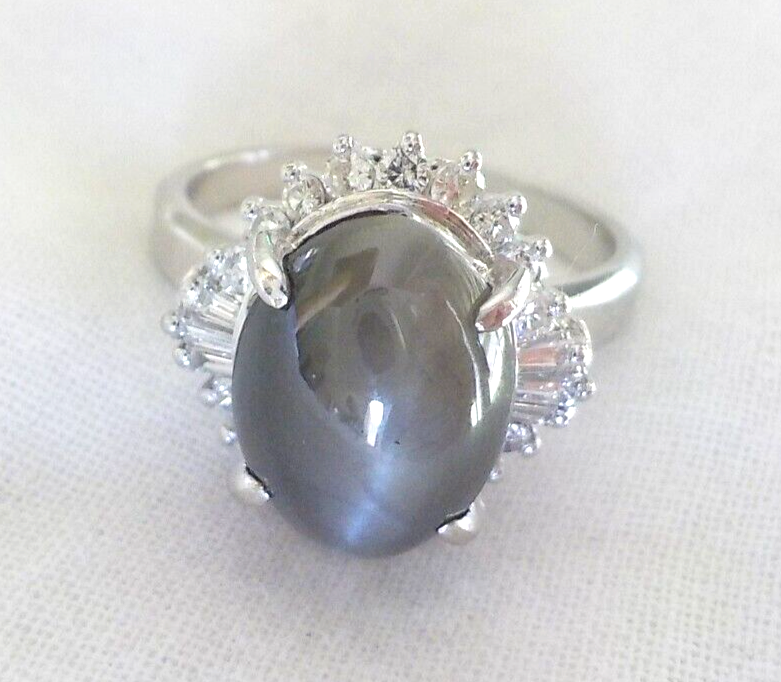 Platinum Slate Grey Cat's Eye Quartz Diamond Halo Ring gms