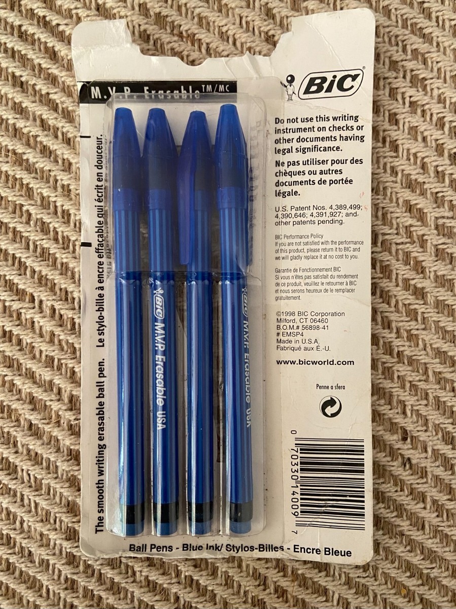 Pkg of 4 Vintage Bic M.V.P. Erasable BLUE Ink Pens USA 1998 Open