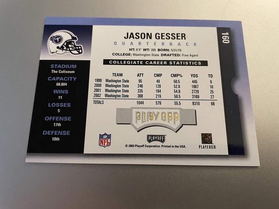 2003 Playoff Contenders - Jason Gesser #160 /999 (AU, RC) - Image 2 of 2