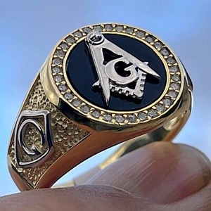 Authentic 14K Gold Plated over 925 Sterling Silver Masonic Ring Master Mason CZ Black Onyx